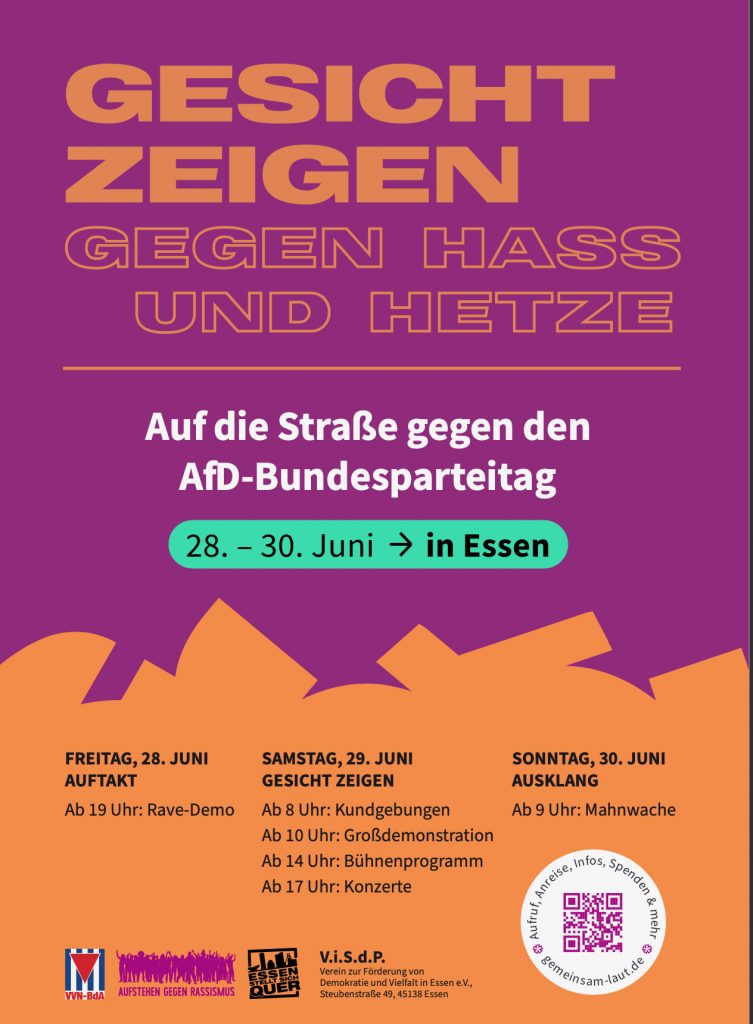 Abbildung zeigt: lila-orange-farbenes Plakat 'Gesicht zeigen' zum Aufruf, vom 28. bis 30. Juni in Essen auf die Straße zu gehen mit geplanten Zeitfenstern.