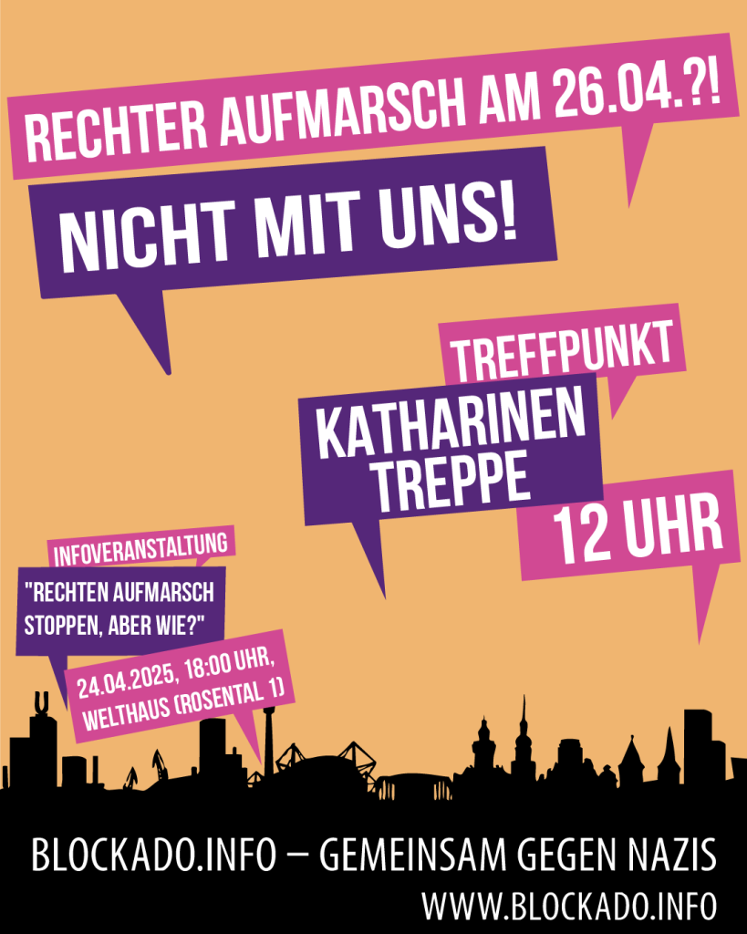 Bild mit orangem Hintergrund. Am Fuß in schwarz Skyline mit der Inschrift "Blockado.info - Gemeinsam gegen Nazis" www.blockado.info Darüber in lila und pink eckige Sprechblasen mit dem Text "Rechter Aufmarsch am 26.04.? Nicht mit uns! Treffpunkt: Katharinentreppe. 12 Uhr." Und "Infoveranstaltung: "Rechten Aufmarsch Stoppen, aber wie?" 24.04.2025, 18:00 Uhr im Welthaus, Rosental 1".
