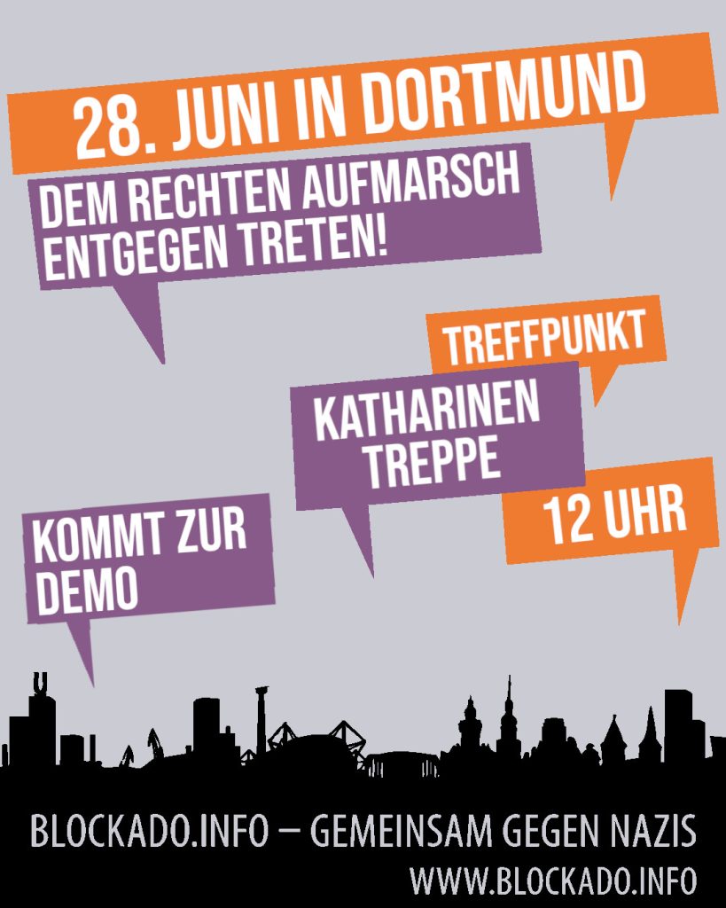 Bild mit hellblauem Hintergrund. Am Fuß in schwarz Skyline mit der Inschrift "Blockado.info - Gemeinsam gegen Nazis" www.blockado.info Darüber in orange und lila eckige Sprechblasen mit dem Text aus der Überschrift