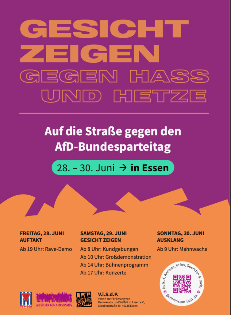 Abbildung zeigt: lila-orange-farbenes Plakat 'Gesicht zeigen' zum Aufruf, vom 28. bis 30. Juni in Essen auf die Straße zu gehen mit geplanten Zeitfenstern.