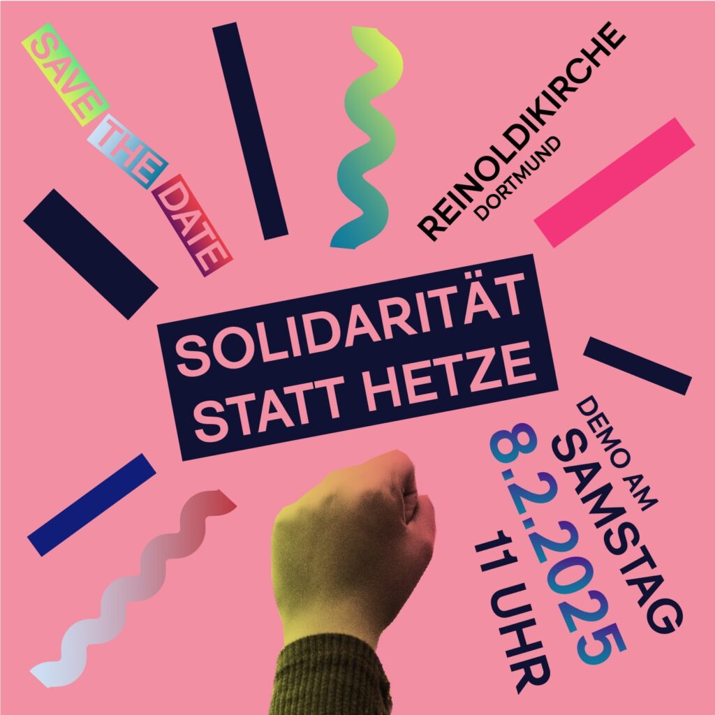 Beschreibung Demo-Plakat zu Samstag, 8.2.2025: Quadrat mit rosa Hintergrund. Darauf eine geballte Faust unter dem Schriftzug "Solidarität statt Hetze". Heraussprengende farbige Balken, teils mit Infos zu Zeit und Ort der Demo
